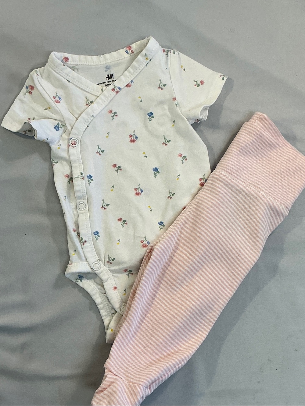 H&M White Floral Wrap-Front Bodysuit with Pink Striped Pants